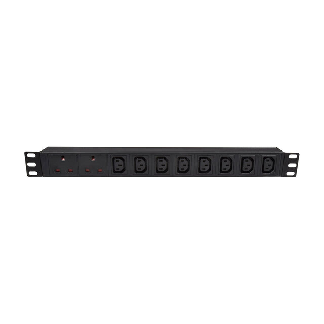 Adastra 1U rackmount PDU by AVSL with two UK sockets and eight IEC C13 outlets in a black steel chassis with rack ears, on a white background.