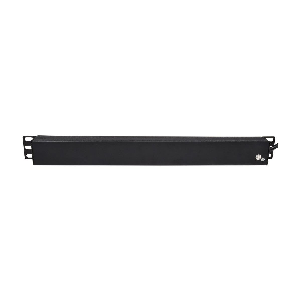 Rear view of the Adastra 1U rackmount PDU by AVSL, showing the matte black steel chassis, rack ears, earth screw and hardwired power lead exit.