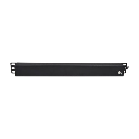 Rear view of the Adastra 1U rackmount PDU by AVSL, showing the matte black steel chassis, rack ears, earth screw and hardwired power lead exit.