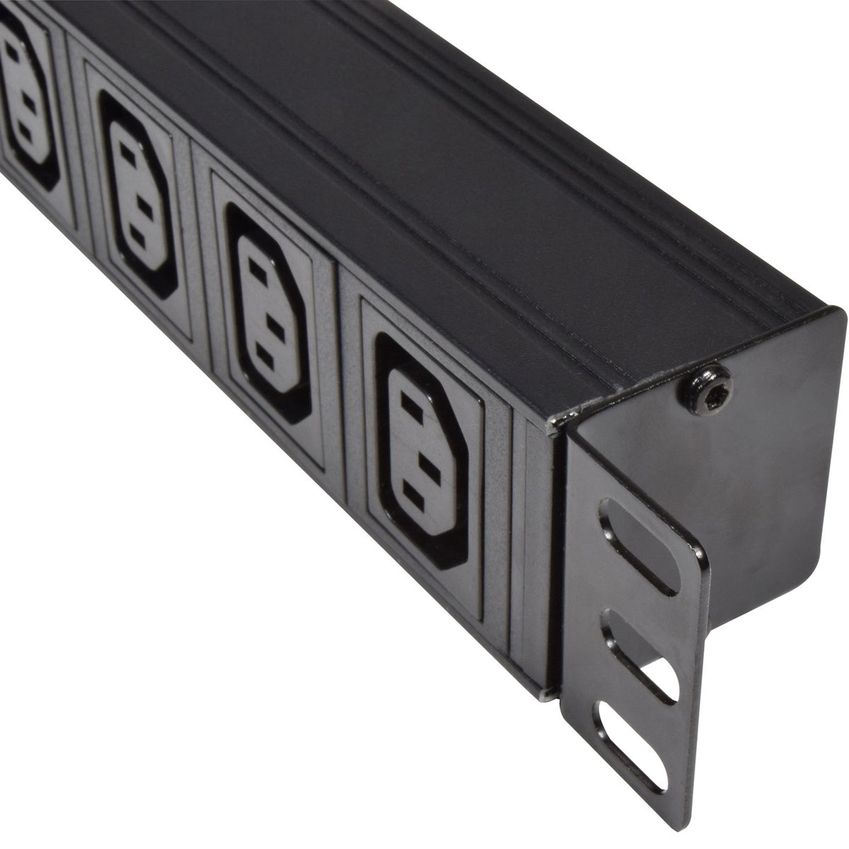Close-up of the Adastra 1U rackmount PDU showing four IEC C13 outlets and side mounting bracket in black steel on a white background.