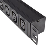 Close-up of the Adastra 1U rackmount PDU showing four IEC C13 outlets and side mounting bracket in black steel on a white background.
