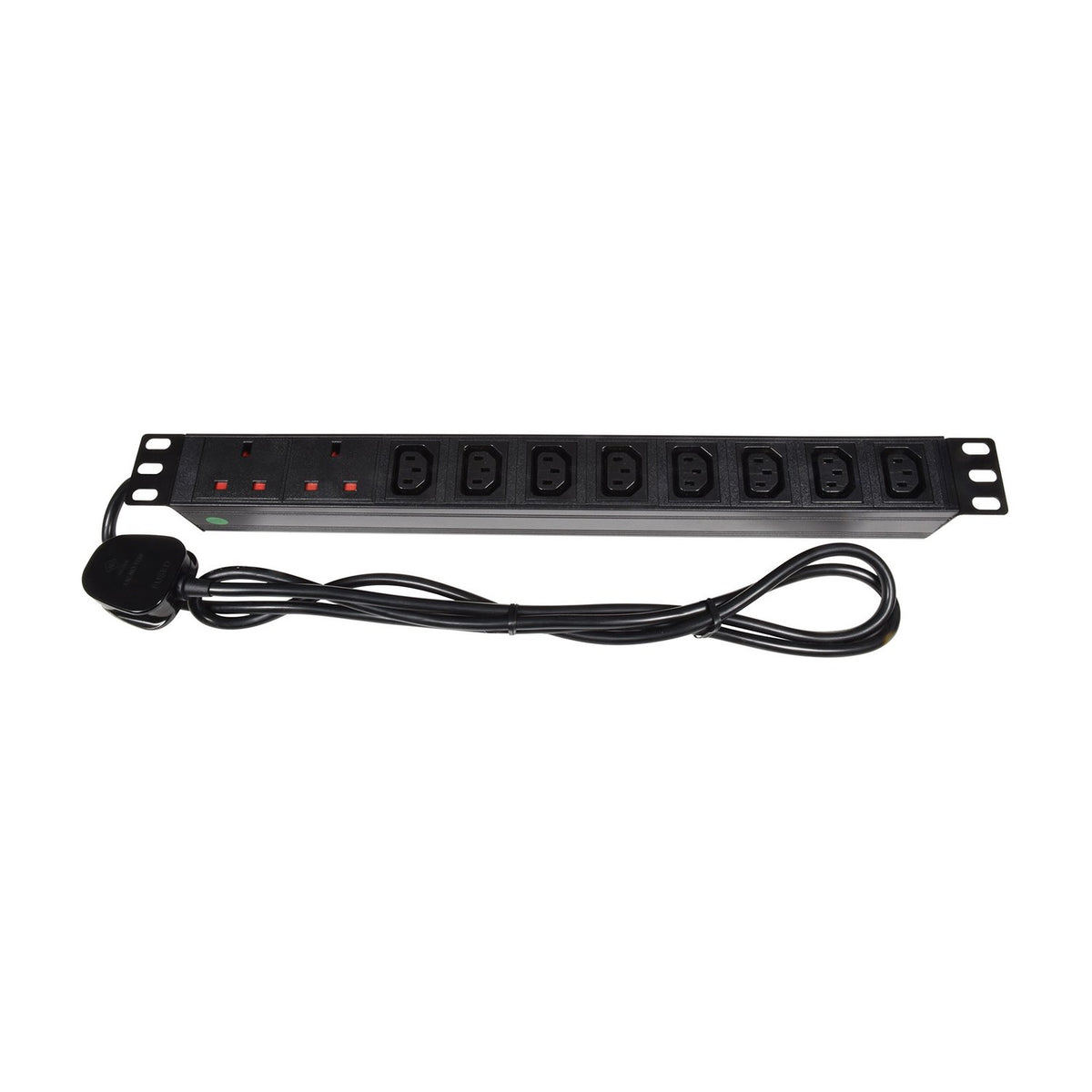 Adastra 1U rackmount PDU with 2 UK sockets, 8 IEC C13 outlets, red fuse switches and hardwired 1.8m UK plug lead on a white background.