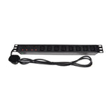 Adastra 1U rackmount PDU with 2 UK sockets, 8 IEC C13 outlets, red fuse switches and hardwired 1.8m UK plug lead on a white background.