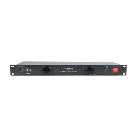 Citronic CPD-8C 1U rack power conditioner with light power switch, dimmer knob, two pull-out lamp housings, reset button and red power switch.