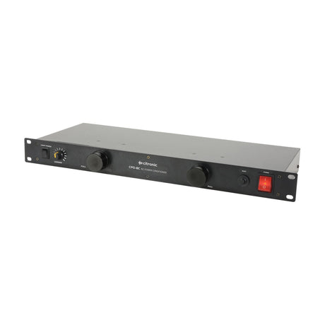 Citronic CPD-8C 1U rack power conditioner with dimmer knob, two pull-out light housings, reset button and red power switch on a white background.