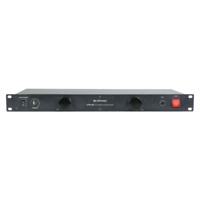 Front view of a sleek black rack-mountable device featuring two knobs, a switch, and indicator lights. The Citronic CPD-8C 19" 8 Way IEC Power Conditioner serves as a power conditioner with an RFI/EMI filter, ensuring your equipment remains protected and interference-free.