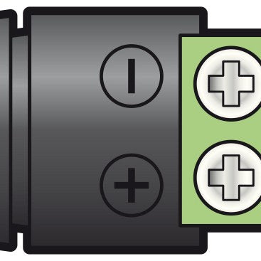 AVSL Mercury 2.1mm male DC power plug close-up showing black moulded housing with green screw terminal block and two cross-head polarity screws.
