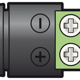 AVSL Mercury 2.1mm male DC power plug close-up showing black moulded housing with green screw terminal block and two cross-head polarity screws.