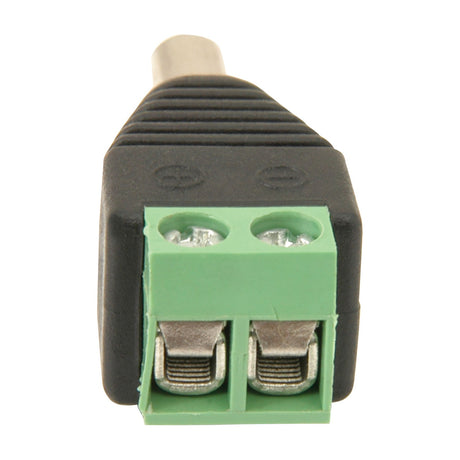 Mercury 2.1mm male DC power plug by AVSL with black moulded body and green screw terminal block showing polarity markings, on a white background.