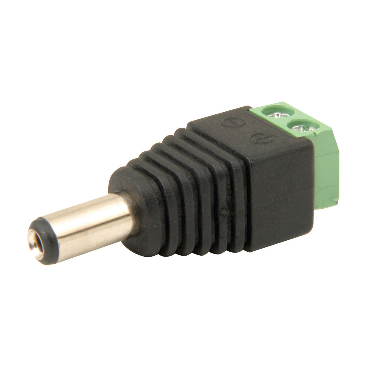Mercury 2.1mm male DC power plug with black moulded body and green screw terminal block for positive and negative wiring, shown on a white background.