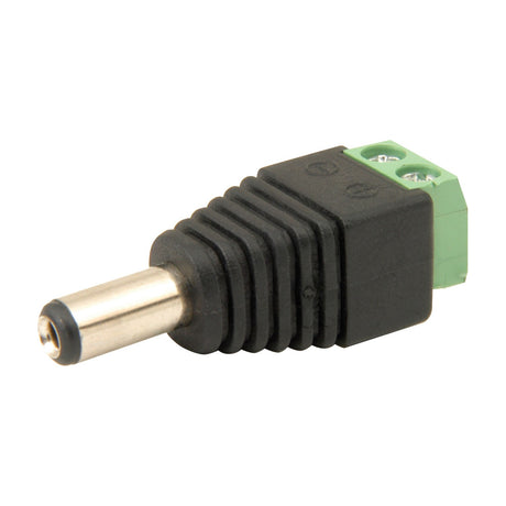 Mercury 2.1mm male DC power plug with black moulded body and green screw terminal block for positive and negative wiring, shown on a white background.