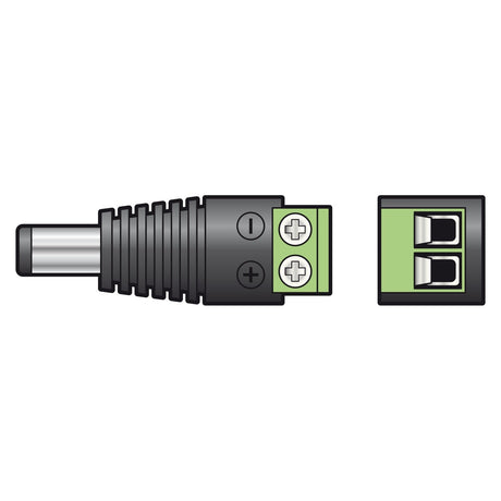 Illustration of the Mercury 2.1mm DC Plug With Screw In Terminals, perfect for LED tape installations. On the left, the round male plug is marked with positive and negative symbols, while on the right side, a green terminal block with two screw connectors ensures secure wire connections.