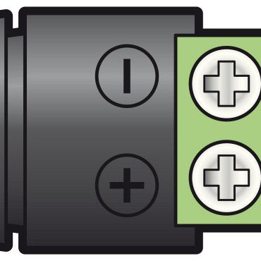 AVSL Mercury 2.1mm DC socket with black ABS housing, polarity-marked green screw terminal block with two Phillips screws, rated 5A 24V.