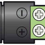 AVSL Mercury 2.1mm DC socket with black ABS housing, polarity-marked green screw terminal block with two Phillips screws, rated 5A 24V.