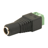 Mercury 2.1mm DC socket with black ABS housing and green screw terminal block marked with polarity symbols, shown on a plain white background.