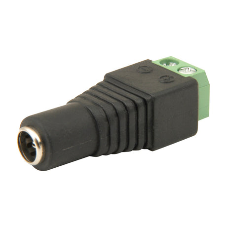 Mercury 2.1mm DC socket with black ABS housing and green screw terminal block marked with polarity symbols, shown on a plain white background.
