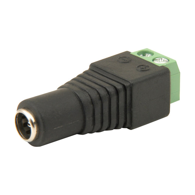 Mercury 2.1mm DC socket with black ABS housing and green screw terminal block marked with polarity symbols, shown on a plain white background.