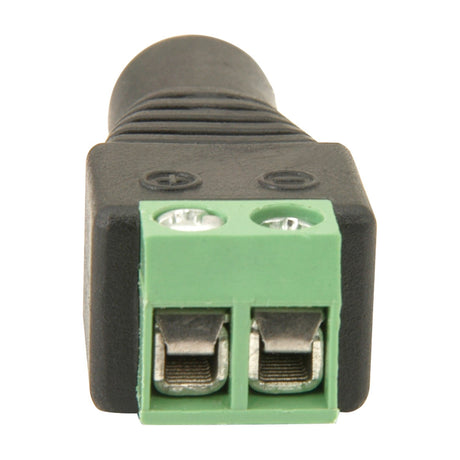 Mercury 2.1mm DC socket with green screw terminal block, polarity markings and black ABS housing, shown front-on against a plain white background.