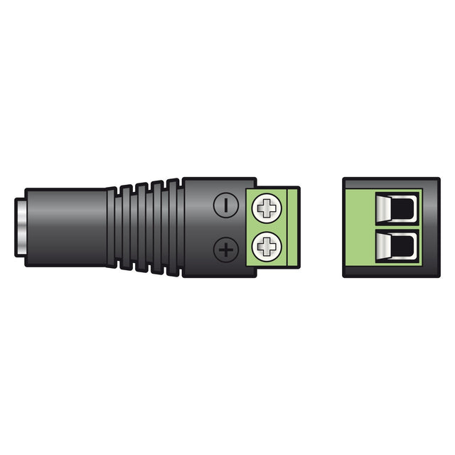 Illustration of the Mercury 2.1mm DC Socket With Screw In Terminals, showing a black audio connector with a ribbed grip on the left and a matching green terminal block adapter on the right, complete with positive and negative markings for polarity—perfect for LED tape installations and DC power socket connections.