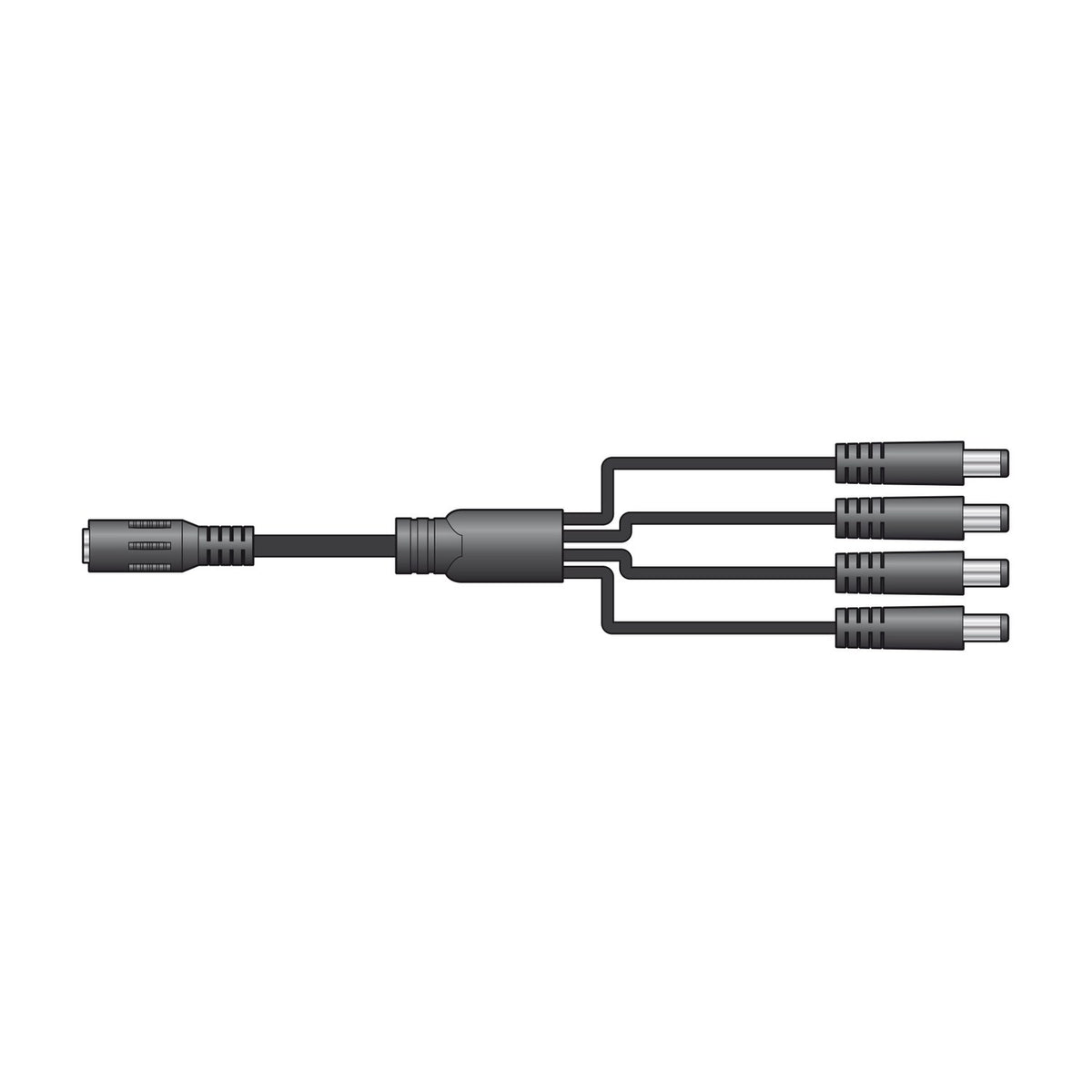 Mercury DC power splitter cable with one 2.1mm female socket branching into four 2.1mm male barrel plugs in black, shown on a white background.