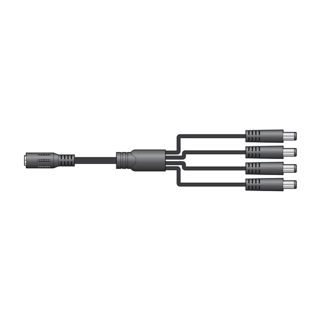 Mercury DC power splitter cable with one 2.1mm female socket branching into four 2.1mm male barrel plugs in black, shown on a white background.