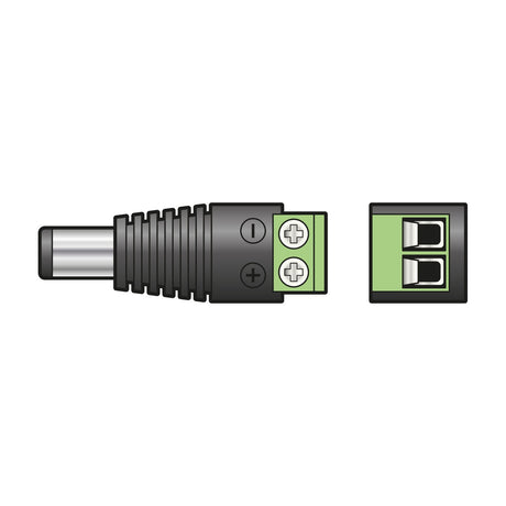 Mercury 2.5mm DC plug with black ribbed body, silver barrel pin, and green twin screw terminals shown alongside a front view on a white background.