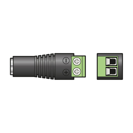 Mercury 2.5mm DC socket by AVSL with black casing and green twin screw terminals, shown from the side and end views on a plain white background.