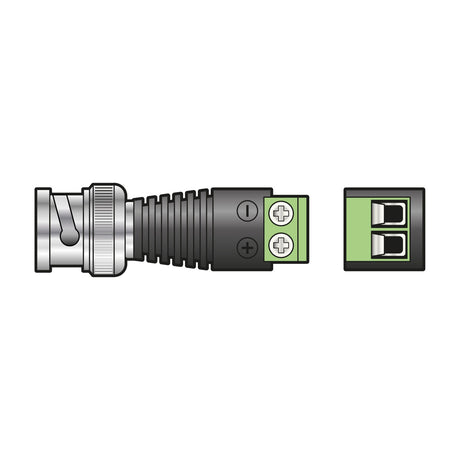 AVSL Mercury BNC coaxial plug with silver connector, black moulded body and green twin screw terminal block on a white background.