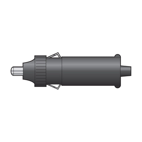 Mercury 12V car lighter plug with 5A fuse, black cylindrical body with ridged collar, spring-loaded side contacts and silver positive tip, on white.