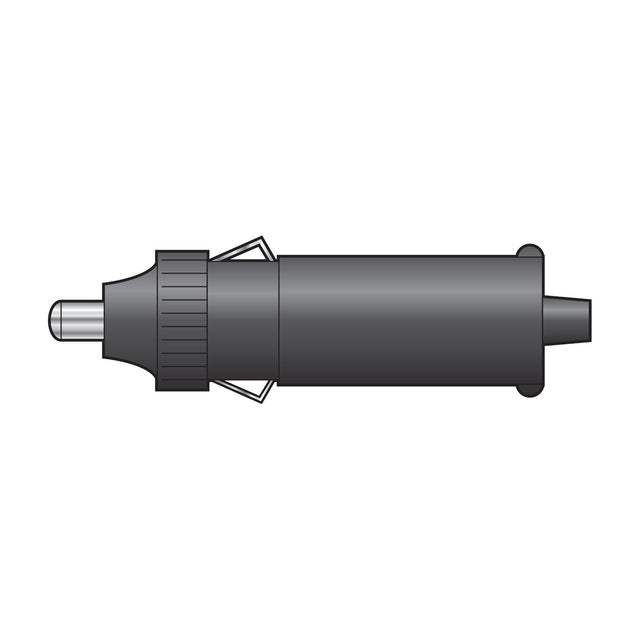 Mercury 12V car lighter plug with 5A fuse, black cylindrical body with ridged collar, spring-loaded side contacts and silver positive tip, on white.