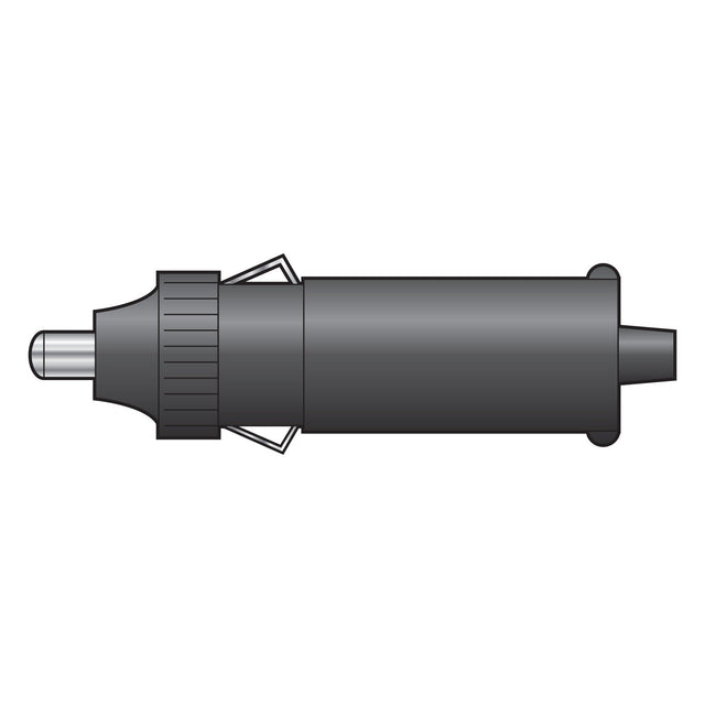 Illustration of the Mercury Car Lighter Plug With 5A Fuse, a black cylindrical adapter with a metal tip, resembling a car cigar lighter plug. The design includes a textured ring near the tip for enhanced grip and two metal clips on each side. The white background accentuates the detailed features of the adapter.