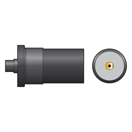 Illustration of the Mercury 12V DC Car Lighter In-Line Socket, a black hollow cylindrical component with brass contacts and a ridged texture. The image includes a side view and an end view, where the detached end cap reveals a small central yellow circle on a gray background. It is capable of handling up to 10 amps of current.