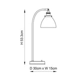 Line drawing of the Wentworth brass table lamp showing curved arm, dome shade, and toggle switch base with dimensions H53.3cm, D30cm, W15cm.