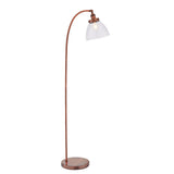 Endon Wentworth floor lamp in copper with an arched stem, adjustable knuckle, clear glass dome shade and E27 bulb, on a round base against a white background.