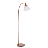 Endon Wentworth floor lamp in copper with an arched stem, clear glass dome shade, knurled lamp holder, and round base on a plain white background.