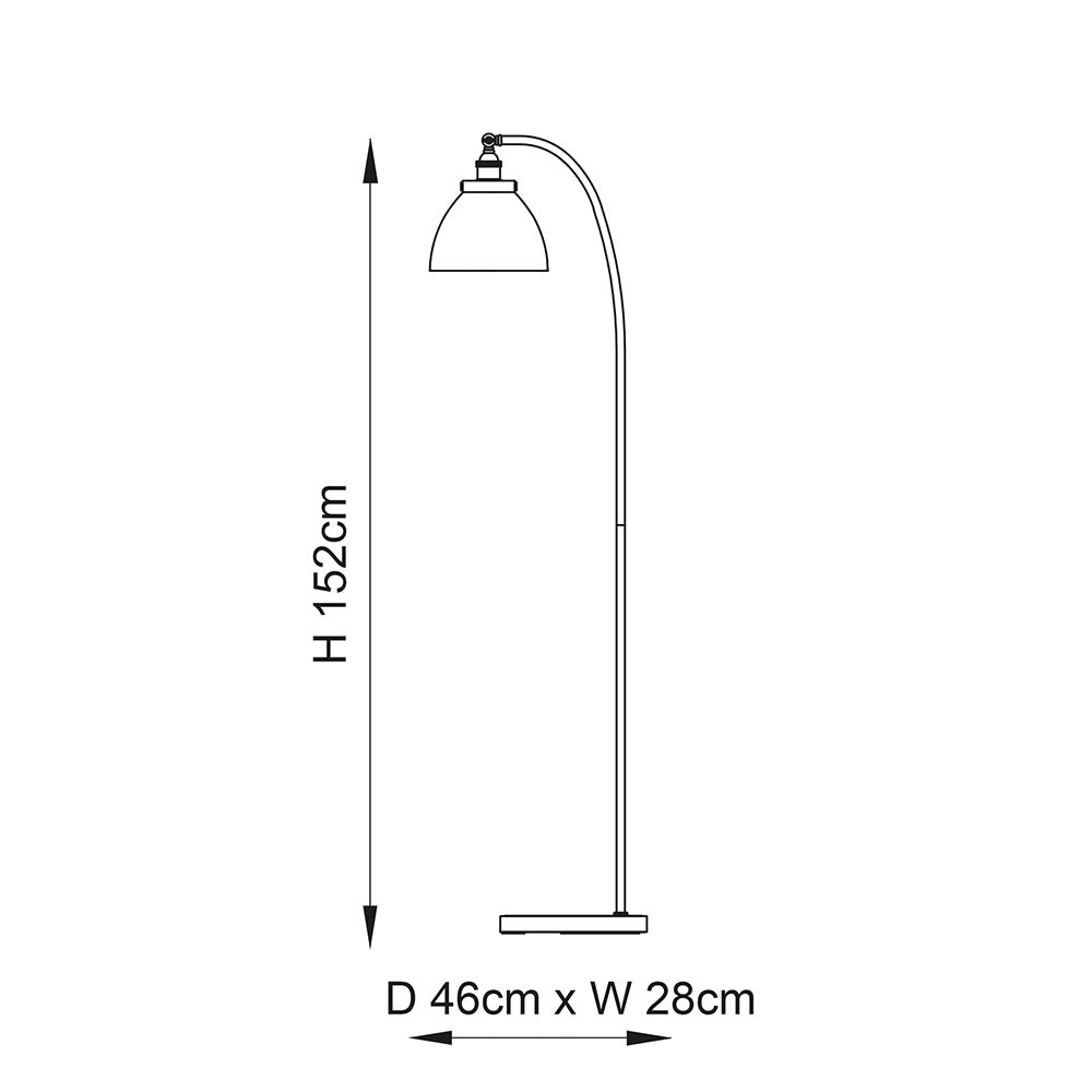 Dimensioned line drawing of the Endon Wentworth floor lamp showing 152cm height and a 46cm by 28cm base on a white background.