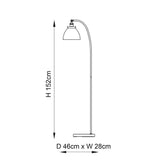 Dimensioned line drawing of the Endon Wentworth floor lamp showing 152cm height and a 46cm by 28cm base on a white background.