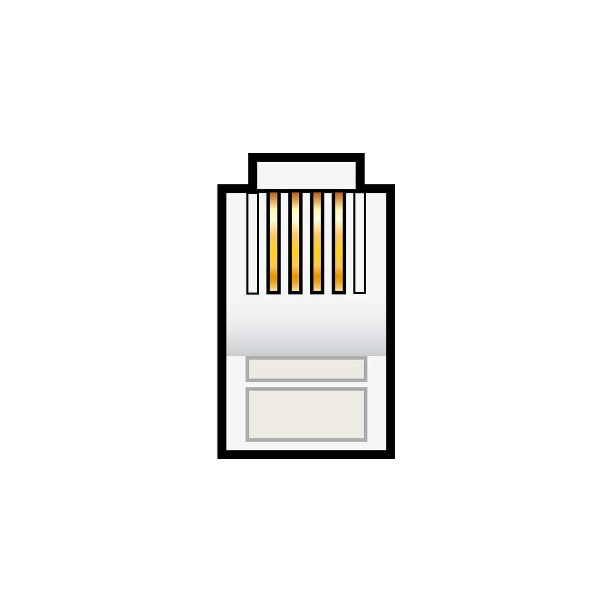 AVSL RJ11 crimp modular plug 4P4C with transparent polycarbonate body, copper contacts, and integrated strain relief, shown on a white background.