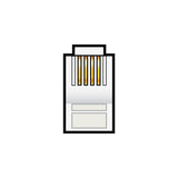 AVSL RJ11 crimp modular plug 4P4C with transparent polycarbonate body, copper contacts, and integrated strain relief, shown on a white background.