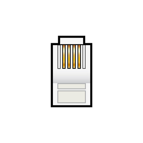 AVSL RJ11 crimp modular plug 4P4C with transparent polycarbonate body, copper contacts, and integrated strain relief, shown on a white background.