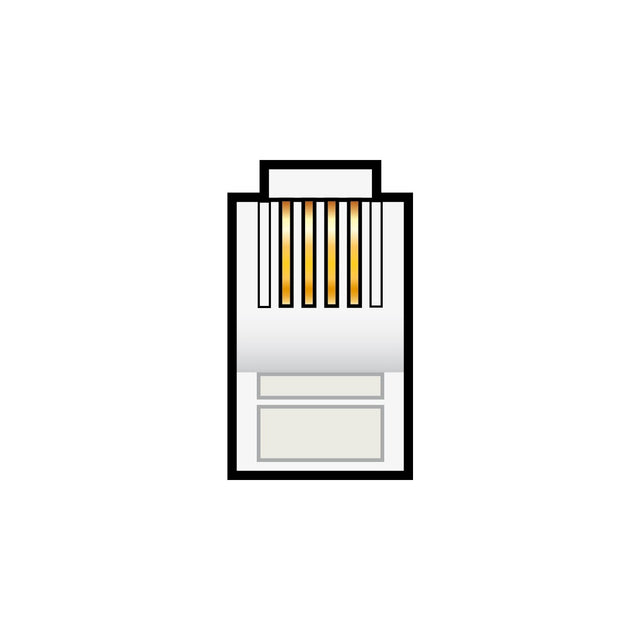 AVSL RJ11 crimp modular plug 4P4C with transparent polycarbonate body, copper contacts, and integrated strain relief, shown on a white background.