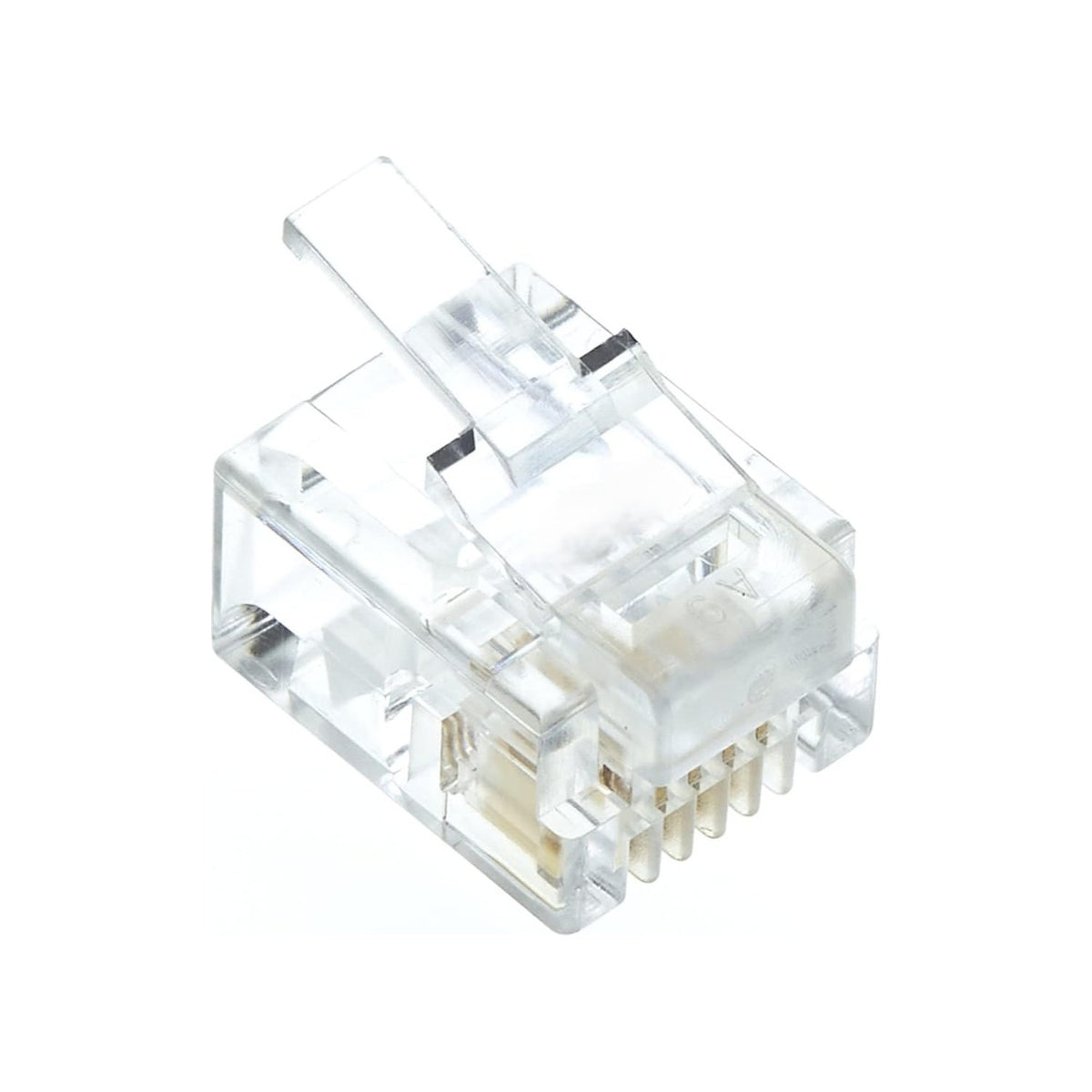 AVSL RJ11 4P4C crimp modular plug with transparent polycarbonate body, copper contacts, and integrated strain relief clip, shown on a plain white background.