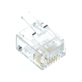 AVSL RJ11 4P4C crimp modular plug with transparent polycarbonate body, copper contacts, and integrated strain relief clip, shown on a plain white background.