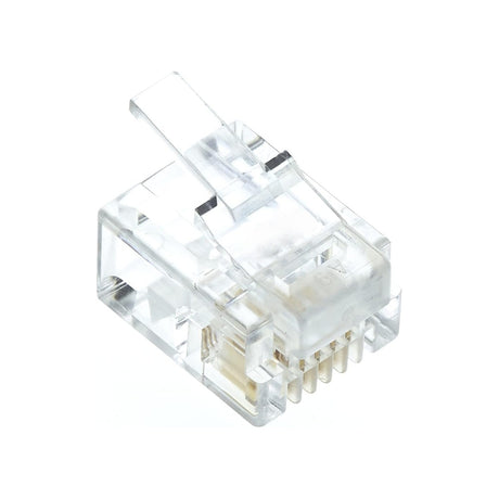 AVSL RJ11 4P4C crimp modular plug with transparent polycarbonate body, copper contacts, and integrated strain relief clip, shown on a plain white background.