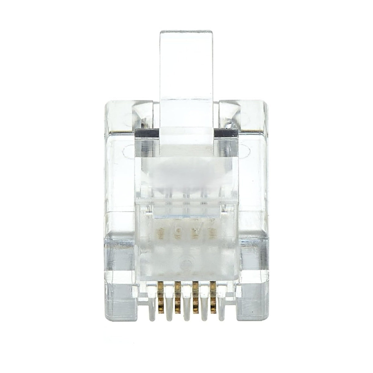 AVSL RJ11 4P4C crimp modular plug with transparent polycarbonate body, copper contacts, and integrated strain relief, shown end-on against a white background.