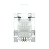 AVSL RJ11 4P4C crimp modular plug with transparent polycarbonate body, copper contacts, and integrated strain relief, shown end-on against a white background.