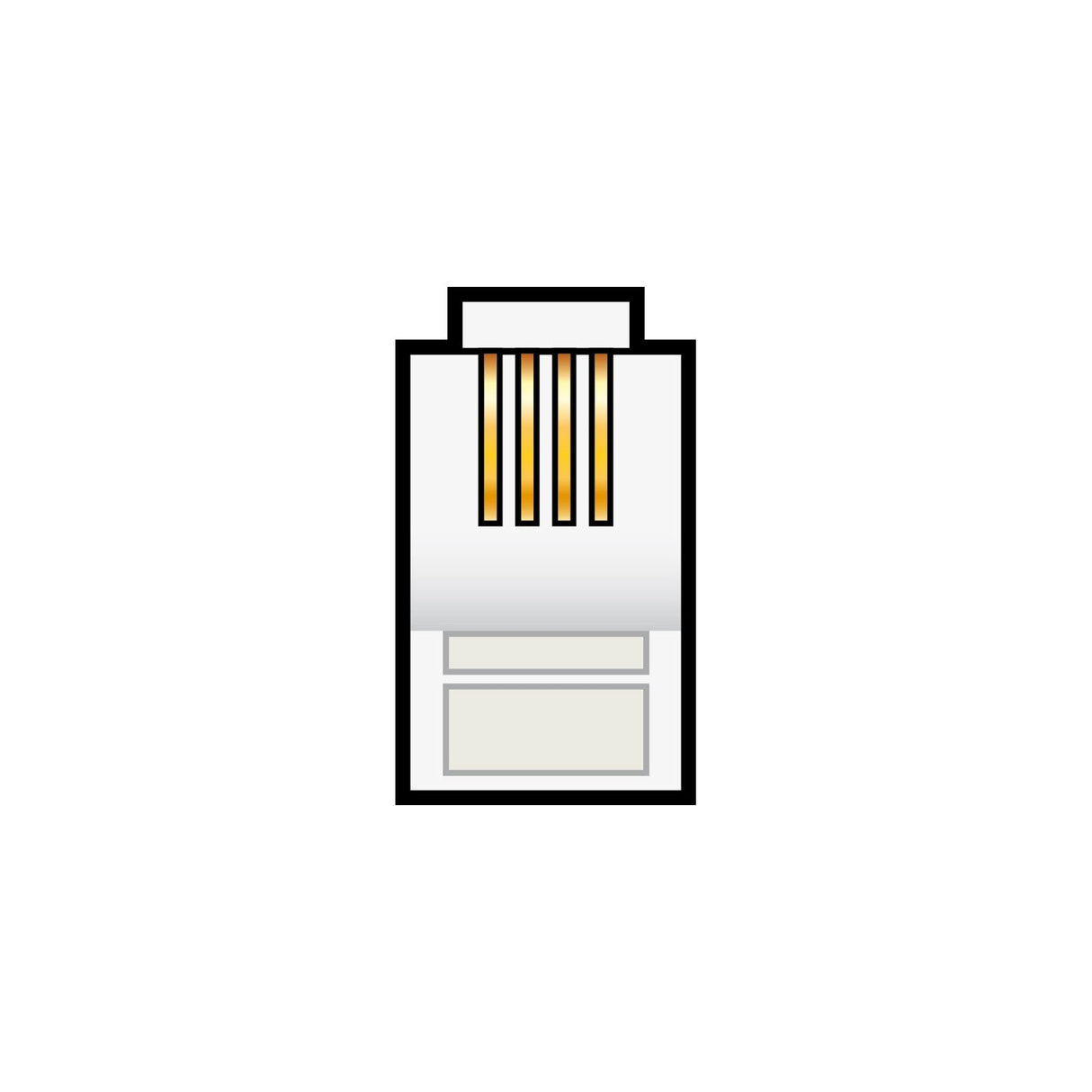 The illustration showcases the AV:Link RJ11 Crimp Modular Plug (4P4C), featuring gold-colored pins and copper conductors, set against a white background. This detailed view highlights the plug's precision and connectivity essentials.