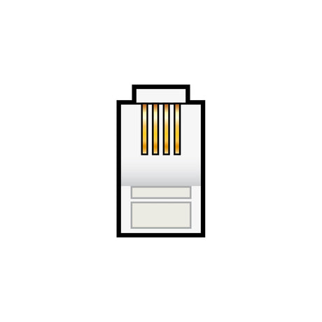 The illustration showcases the AV:Link RJ11 Crimp Modular Plug (4P4C), featuring gold-colored pins and copper conductors, set against a white background. This detailed view highlights the plug's precision and connectivity essentials.