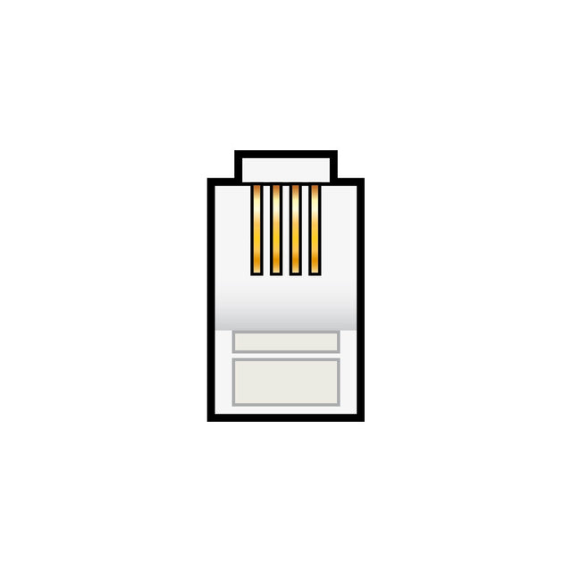 The illustration showcases the AV:Link RJ11 Crimp Modular Plug (4P4C), featuring gold-colored pins and copper conductors, set against a white background. This detailed view highlights the plug's precision and connectivity essentials.