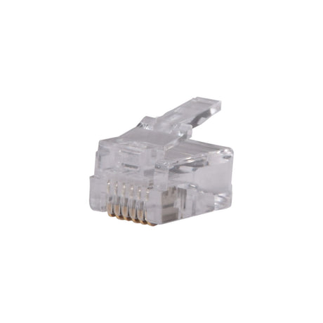 AV:Link RJ12 6P6C crimp modular plug with clear plastic housing and six copper contacts, shown on a plain white background.